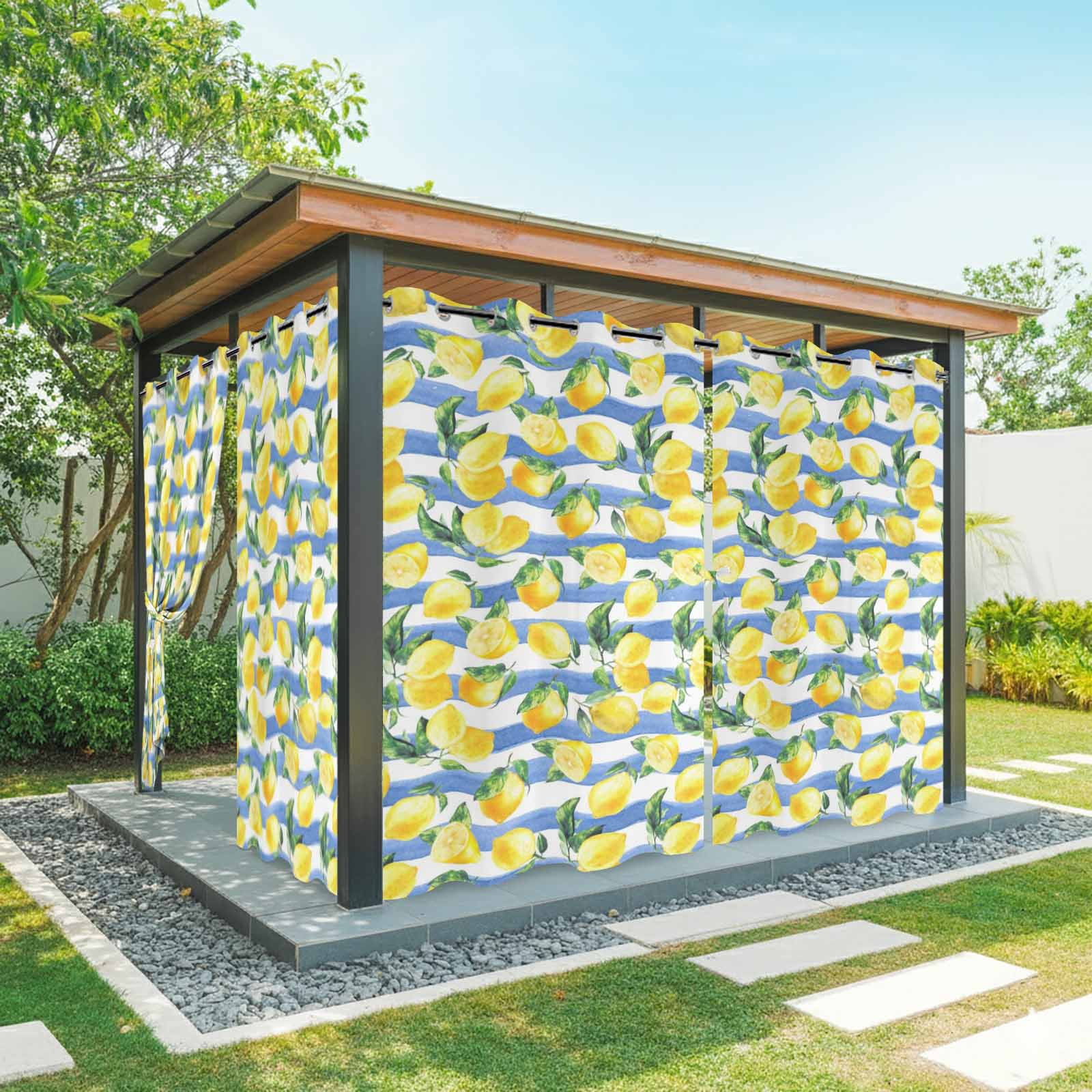 Summer Fruits Outdoor Curtains for Patio, Watercolor Yellow Lemon Blue Stripes Farmhouse Sunshade Privacy Drapes Grommet Waterproof Outside Curtains for Porch/Cabana/Balcony 54"x 108", 1 Panel