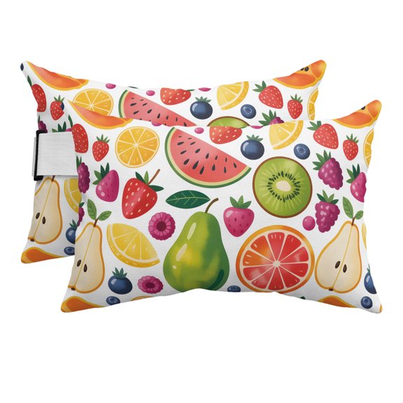 Summer Fruits Outdoor Pillows for Chaise Lounge Chair Beach Headrest Pillow Set of 2 Waterproof Lumbar Pillows with Insert&Adjustable Strap Tropical Fruity Watermelon Kiwi Exotic Pool Pillow 12"x20"