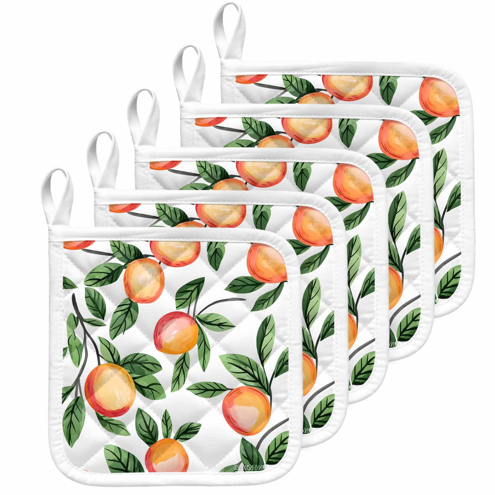 Summer Fruits Pot Holders for Kitchen Heatproof Potholder, 5 Pack Spring Orange Peach Green Botanical Hot Pads Multipurpose Oven Pads Cloth Potholders Trivet for Cooking Baking