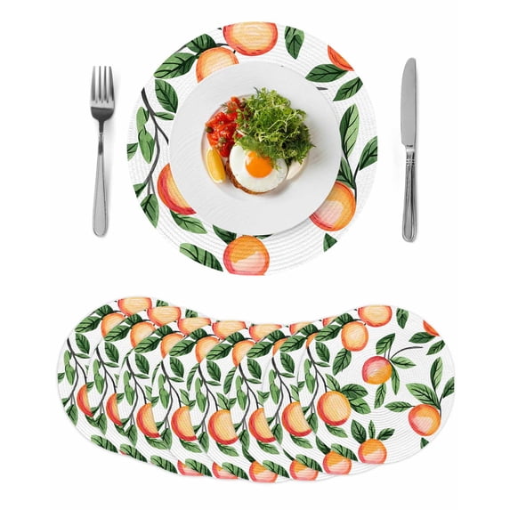 Summer Fruits Round Placemats Set of 8 for Dinning Tables,Heat-proof Braided Table Mats 15 Inch,Spring Orange Peach Green Botanical Washable Place Mat for Kitchen Restaurant Party Decor Table Setting