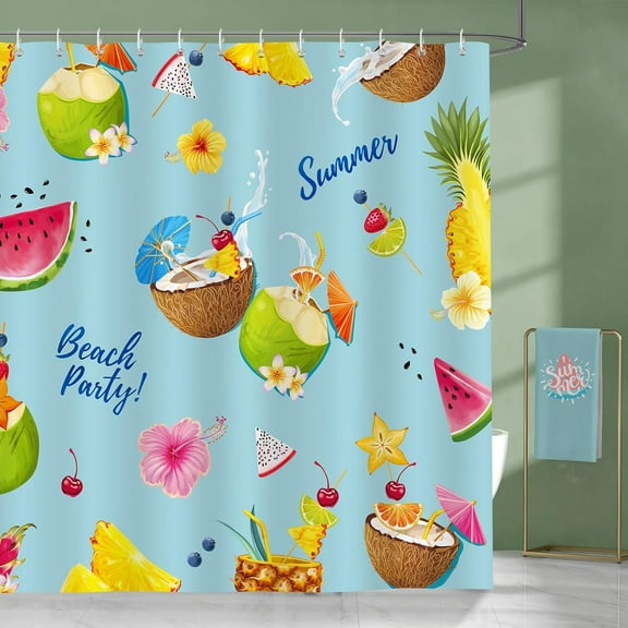 Summer Fruits Shower Curtain Tropical Fruits Coconut Pineapple Watermelon Decorative Bath Curtain 72 x 72 Inch Polyester Fabric Waterproof Bathroom Curtain with 12 Hooks