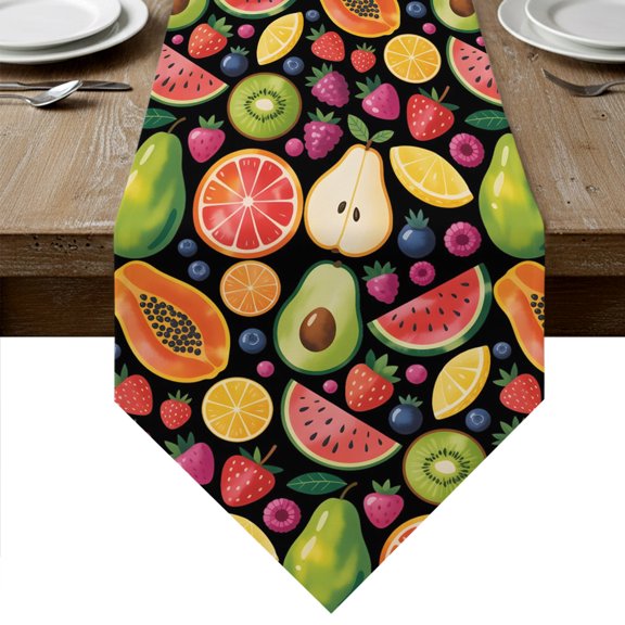 Summer Fruits Table Runner Linen Burlap Table Runner 36 Inches Small Tropical Watermelon Kiwi Black Exotic Dresser Scarves for Kitchen Island Coffee Dining Room Party Holiday Decoration 13"x36"