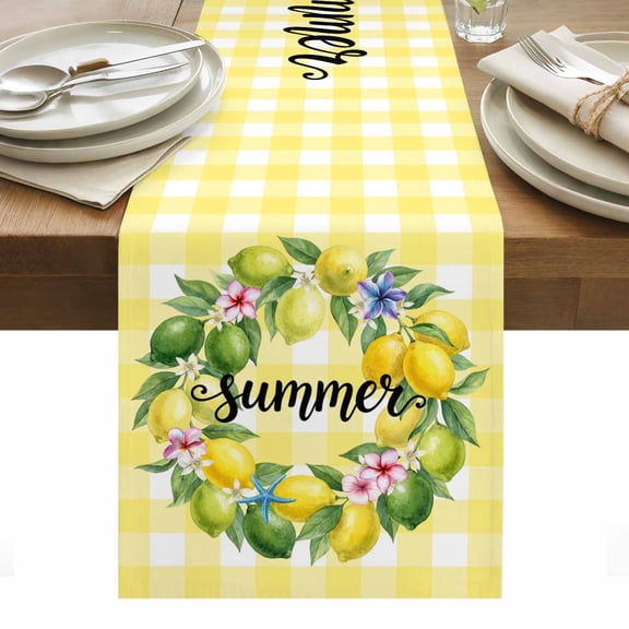 Summer Fruits Table Runner Watercolor Lemon Leaves Wreath Yellow Plaid Tablerunners 13 x 120 Inch, Table Decorations Tabletop Scarf for Summer Gathering Holiday Farmhouse Kitchen Dining Decor