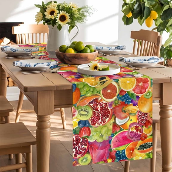 Summer Fruits Table Runner, Watermelon Banana Peach Lemon Sweet Pineapple Grape Washable Kitchen Table Runners Dress Scarves for Dining Table Decorations Party/Restaurant/Indoor Outdoor Use, 13x48in