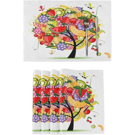 Summer Fruits Tree Colorful Placemats Set of 4 Spring Cartoon Place Mats Washable for Kitchen Dining Table Heat Resistant Decorative Colth Table Mats 12x18 Inch