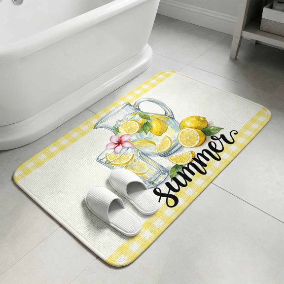 Summer Fruits Washable Area Rugs for Living Room Bedroom, Large Non Slip Indoor Floor Carpet Absorbent Lemon Juice Glass Cups Mint Leaf Yellow Plaid Door Mat Rugs for Bathroom Entryway 47.2"x63"