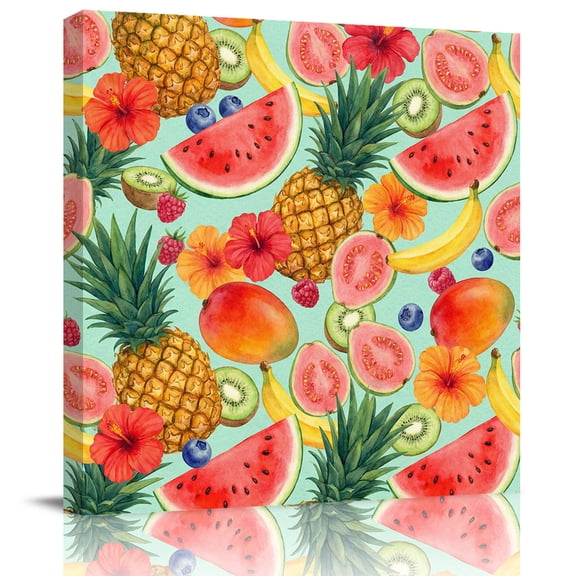 Summer Fruits Watermelon Pineapple Canvas Artwork Painting Art, Mango Barley Kiwi Square Framed Wall Decorations Prints Picture for Bedroom Kitchen Living Room, 12x12 in