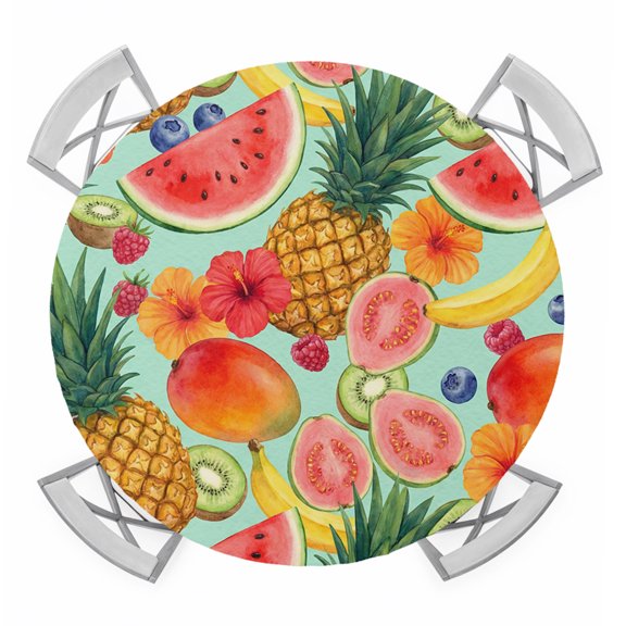 Summer Fruits Watermelon Pineapple Fitted Tablecloth for 36-44in Round Tables,Waterproof Table Cover,Mango Barley Kiwi Elastic Edge Table Cloths for Dining Kitchen Holiday Party Decor