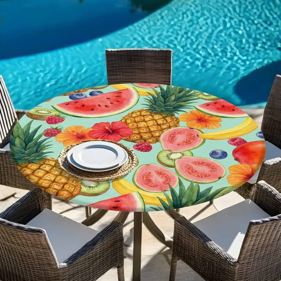 Summer Fruits Watermelon Pineapple Round Fitted Tablecloth with Elastic Edge,Waterproof Table Cloth Fits Tables 45"-54",Wipeable Washable Table Cover for Indoor Outdoor Dinning,Mango Barley Kiwi