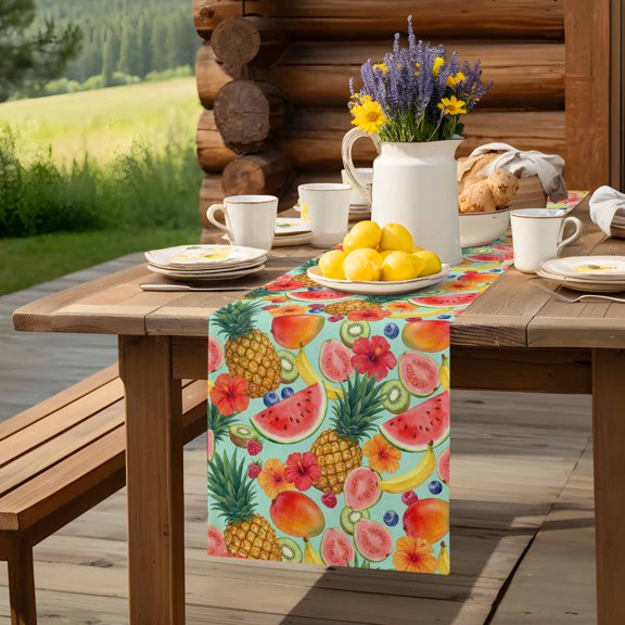Summer Fruits Watermelon Pineapple Table Runner 13x48in Non-Slip Cotton Linen Table Runners, Mango Barley Kiwi Dresser Scarves TableRunner for Dinner Kitchen Dining Wedding Party