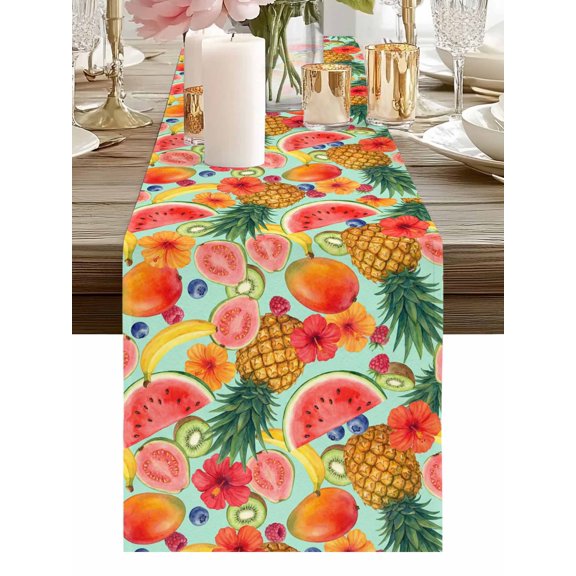 Summer Fruits Watermelon Pineapple Table Runner-36 Inch Long Mango Barley Kiwi Table Runners Linen Burlap Tablerunner for Kitchen Dining Room Holiday Party