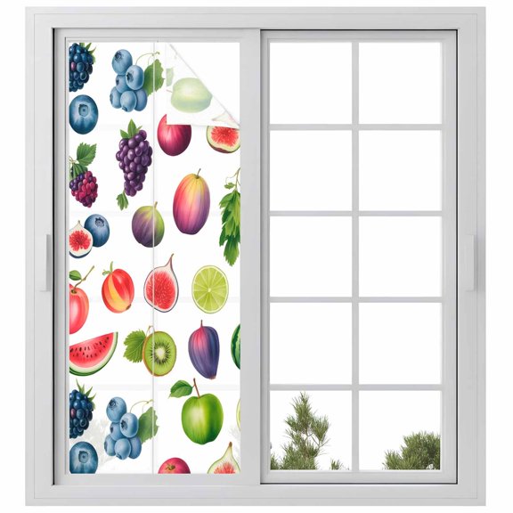 Summer Fruits Window Privacy Film, Watercolor Lemon Slice Blueberry Rustic Watermelon Frosted Glass Window Clings Static Cling UV Heat Blocking Reusable Door Sticker for Bathroom 23.6 x 59 Inch