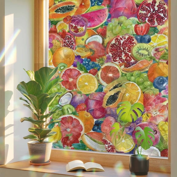 Summer Fruits Window Privacy Film, Watermelon Banana Peach Lemon Sweet Pineapple Grape Stained Glass Rainbow Film Decorative Window Clings, Static Cling Sun Blocking Stickers 19.6" x 39.3"
