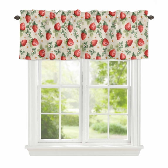 Summer Fruits Window Valance for Kitchen, Watercolors Strawberries Flowers Leafs Linen Rod Pocket Short Curtain for Small Windows, Light Filtering Decorative Valance, 60 x 14 Inch, 1 Panel