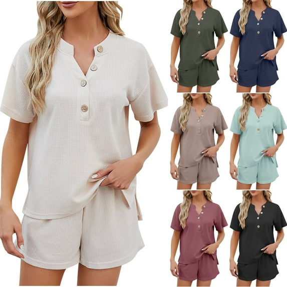 Summer Fsshion Plus Size 2 Piece of Sets for Womens Solid Color V Neck Home Suit Solid Color Casual Loose Fitting Pajamas Twopiece Set Of Short Sleeved Shorts For Going Out Sets