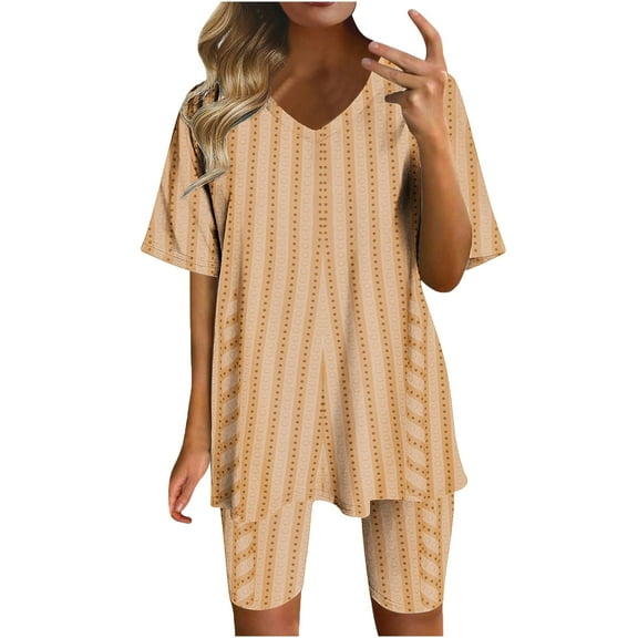 Summer Fsshion Plus Size 2 Piece of Sets for Womens Printed V-Neck Blouse Short Sleeve Tops Shorts Casual Suit Sets