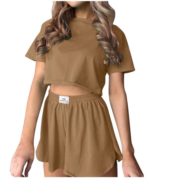 Summer Fsshion Plus Size 2 Piece of Sets for Womens Round Neck T-shirt Top Shorts Solid Color Two Piece Set Shirt Suit