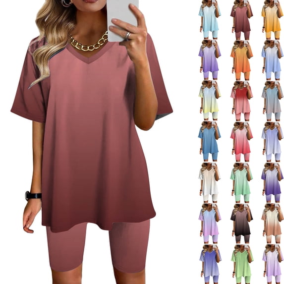 Summer Fashion Plus Size 2 Piece of Sets for Womens V-Neck Blouse Short Sleeve Tops Shorts Casual Suit Sets