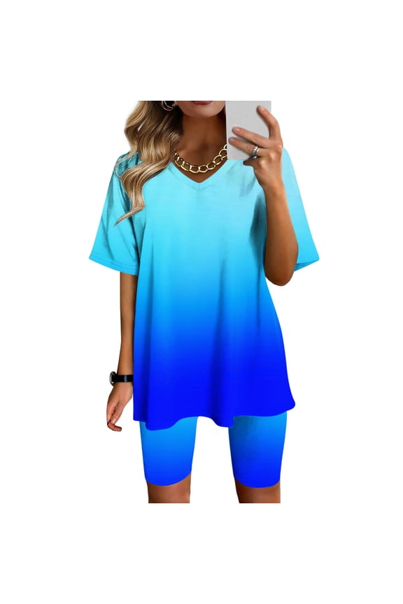 Summer Fsshion Plus Size 2 Piece of Sets for Womens V-Neck Blouse Short Sleeve Tops Shorts Casual Suit Sets