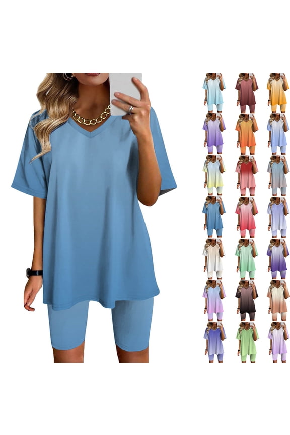 Summer Fashion Plus Size 2 Piece of Sets for Womens V-Neck Blouse Short Sleeve Tops Shorts Casual Suit Sets