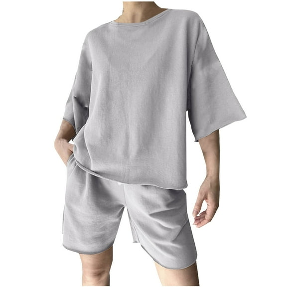 Summer Fsshion Plus Size Two Piece of Sets for Womens Solid Color Casual Loose Fitting Drawstring Sports Hoodies Short Sleeve Round-Neck Blouses Sets