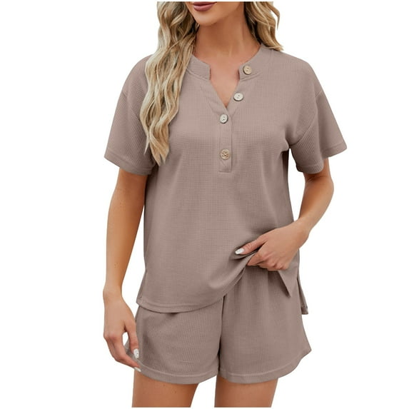Summer Fsshion Plus Size Two Piece of Sets for Womens Solid Color V Neck Home Suit Solid Color Casual Loose Fitting Pajamas Twopiece Set Of Short Sleeved Shorts For Going Out Sets