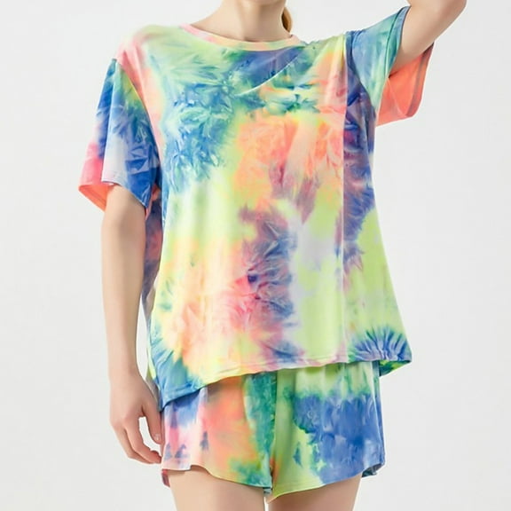 Summer Fsshion Plus Size Two Piece of Sets for Womens Casual Printed Shorts Short Sleeved Round Neck Shirts Set