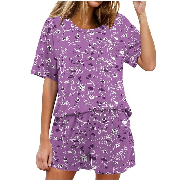 Summer Fsshion Plus Size Two Piece of Sets for Womens Casual Solid Color Home Short Sleeved Round Neck Pajama Top With Pants Set