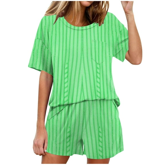 Summer Fsshion Plus Size Two Piece of Sets for Womens Casual Solid Color Home Short Sleeved Round Neck Pajama Top With Pants Set