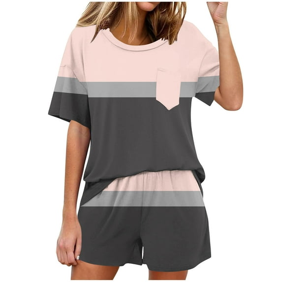 Summer Fsshion Plus Size Two Piece of Sets for Womens Casual Solid Color Home Short Sleeved Round Neck Pajama Top With Pants Set