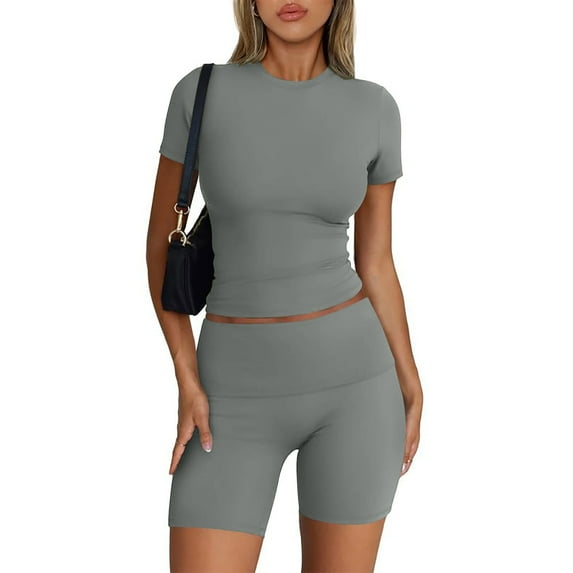 Summer Fsshion Plus Size Two Piece of Sets for Womens Casual Solid Color Short Sleevele Round-Neck Blouses Tops Shorts Elastic Waist Sets