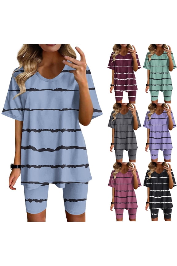 Summer Fsshion Plus Size Two Piece of Sets for Womens Round-Neck Blouse Short Sleeve Tops Shorts Casual Suit Sets