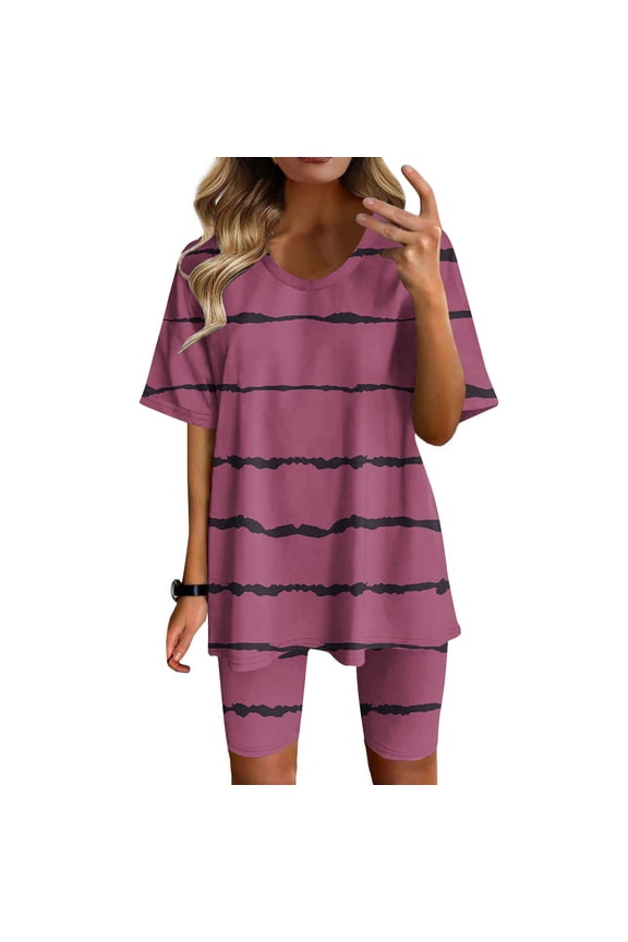 Summer Fsshion Plus Size Two Piece of Sets for Womens Round-Neck Blouse Short Sleeve Tops Shorts Casual Suit Sets