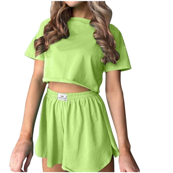 Summer Fsshion Plus Size Two Piece of Sets for Womens Round Neck T-shirt Top Shorts Solid Color Two Piece Set Shirt Suit