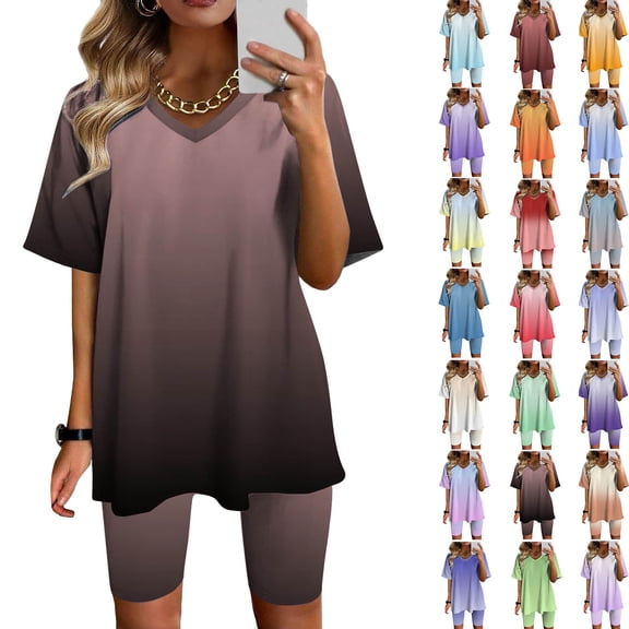 Summer Fashion Plus Size Two Piece of Sets for Womens V-Neck Blouse Short Sleeve Tops Shorts Casual Suit Sets