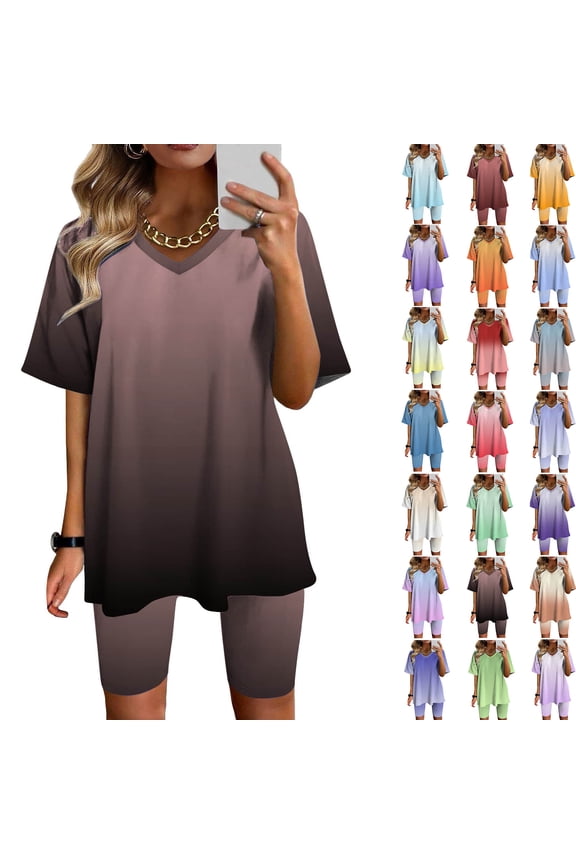 Summer Fashion Plus Size Two Piece of Sets for Womens V-Neck Blouse Short Sleeve Tops Shorts Casual Suit Sets