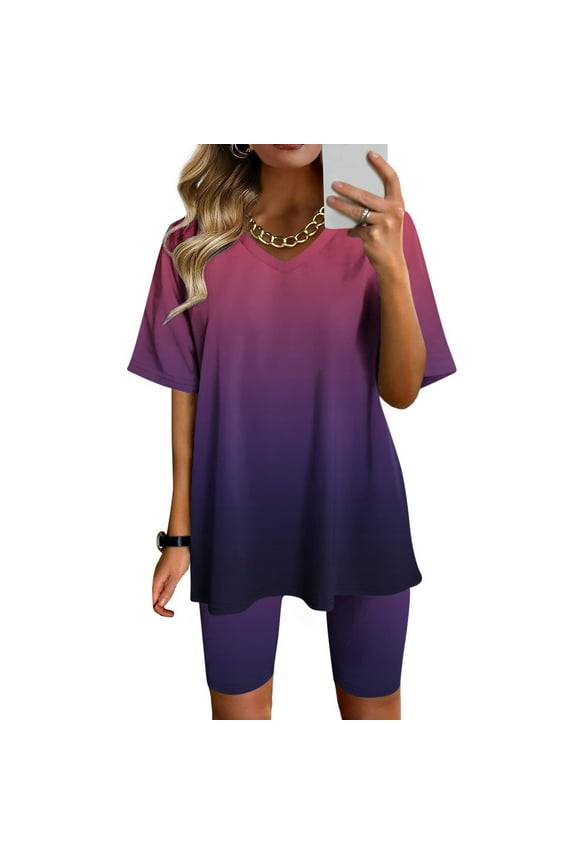 Summer Fsshion Plus Size Two Piece of Sets for Womens V-Neck Blouse Short Sleeve Tops Shorts Casual Suit Sets