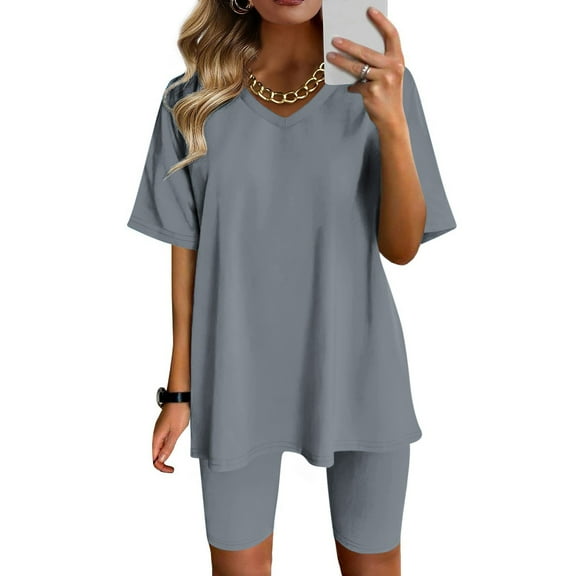 Summer Fsshion Plus Size Two Piece of Sets for Womens V-Neck Solid Color Blouse Short Sleeve Tops Shorts Casual Suit Sets