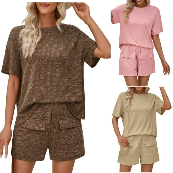 Summer Fsshion Two Piece of Outfits for Womens Plus Size Casual Round Neck Solid Color Short Sleeved Shorts Set Short Sleeved Round Neck Top/shirt Set