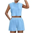 thumbnail image 1 of Summer Fsshion Two Piece of Outfits for Womens Plus Size Hooded Sleeveless Patchwork Lace Up Pocket Casual Shorts Set, 1 of 1