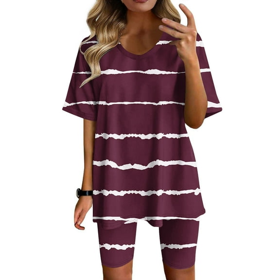 Summer Fsshion Two Piece of Outfits for Womens Plus Size Round-Neck Blouse Short Sleeve Tops Shorts Casual Suit Sets