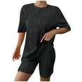 thumbnail image 1 of Summer Fsshion Two Piece of Outfits for Womens Plus Size Summer Slim Casual Loose Water Ripple Short Sleeved Round Neck Top And Shorts Two-piece Set, 1 of 1