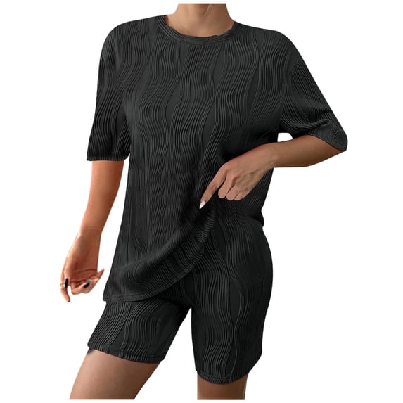 Summer Fsshion Two Piece of Outfits for Womens Plus Size Summer Slim Casual Loose Water Ripple Short Sleeved Round Neck Top And Shorts Two-piece Set