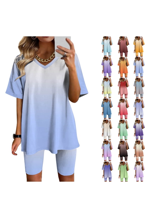 Summer Fashion Two Piece of Outfits for Womens Plus Size V-Neck Blouse Short Sleeve Tops Shorts Casual Suit Sets