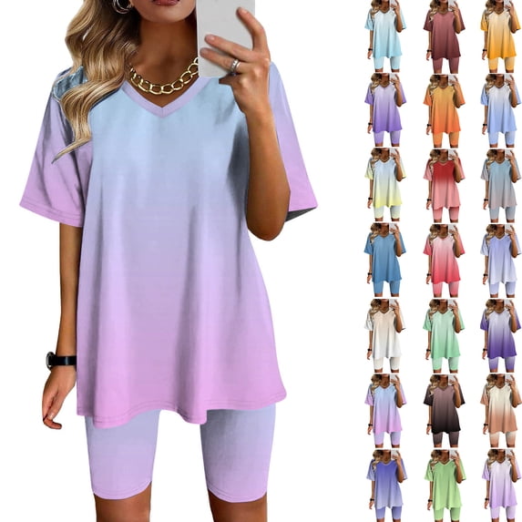 Summer Fashion Two Piece of Outfits for Womens Plus Size V-Neck Blouse Short Sleeve Tops Shorts Casual Suit Sets