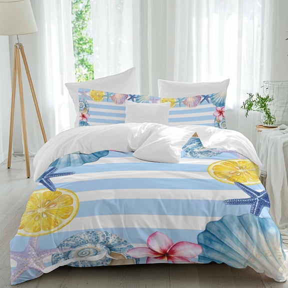 Summer Full Size Comforter Set, Coastal Colorful Shell Starfish Lemon Conch Blue Stripe Bedding for All Seasons, 4 Pcs Bed Set, 1Quiltcover (86"x86") ,1Sheet(80"x116"), 2Pillowcases (30"x20")