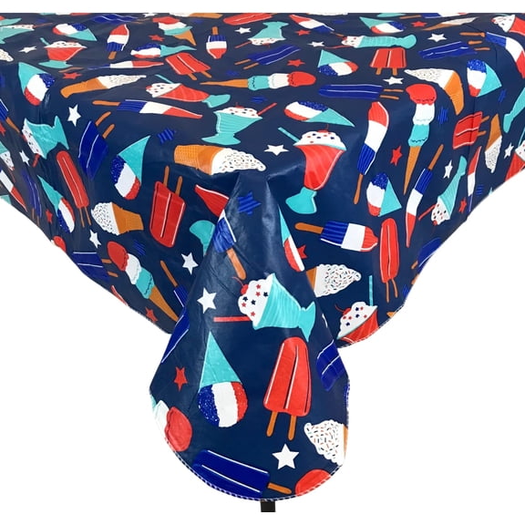 Summer Fun Americana Patriotic Vinyl Tablecloth with Flannel Backing: Patriotic USA Red White Blue Stars and Stripes 60"