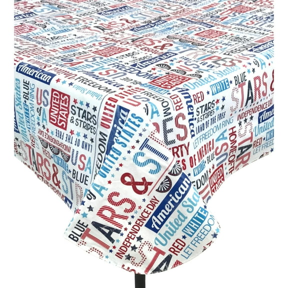 Summer Fun Americana Vinyl Tablecloth with Flannel Backing: USA Red White Blue Patriotic Words 60"