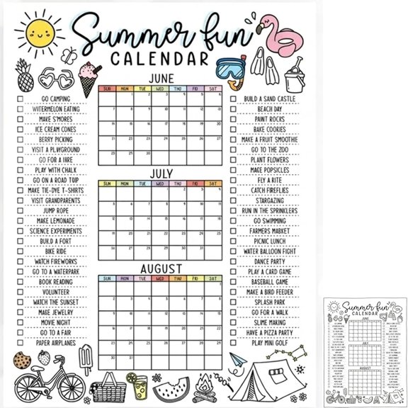 Summer Fun Bucket List Calendar Poster – 3 Month Interactive Checklist Chart for June July August – DIY Screen Free Summer Planner (18x24 Inch)