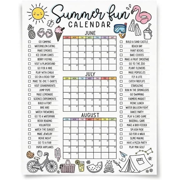 Summer Fun Bucket List Calendar Poster – 3 Month Summer Calendar with Coloring Border – Interactive Family Activity Tracker – 18x24 Inch